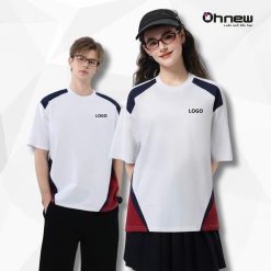 Mẫu áo thun đồng phục phối màu trắng – navy – đỏ hiện đại