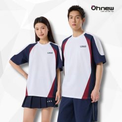 Mẫu áo thun đồng phục phối thân trắng – raglan xanh navy viền đỏ hiện đại