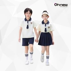 Bộ Đồng Phục Học Sinh Cổ Bo Tròn Kèm Nơ Cà Vạt